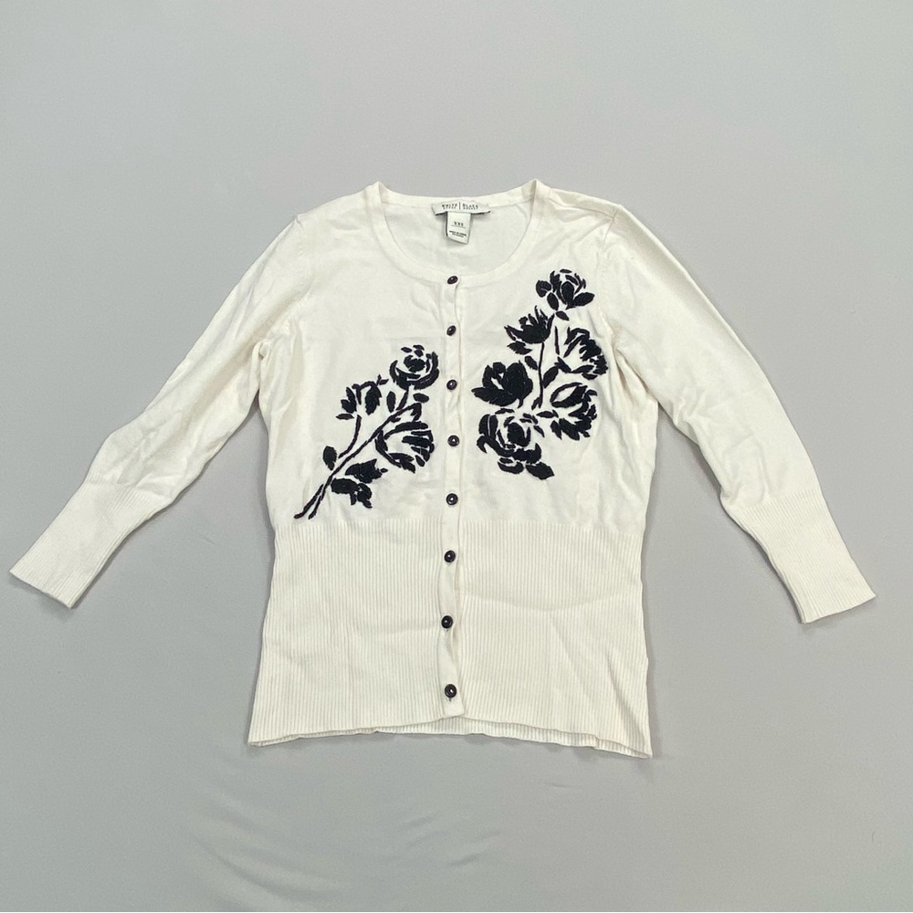 White House black market cardigan sweater black flowers embroidered